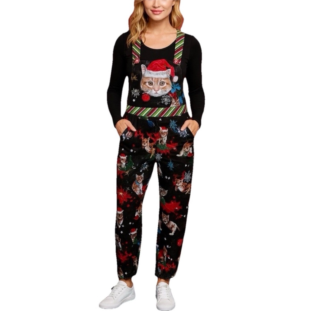 Nobo Womens (Jrs) Black Velvet Christmas Kitty Cat Holiday Overalls‎ Jumpsuit XS